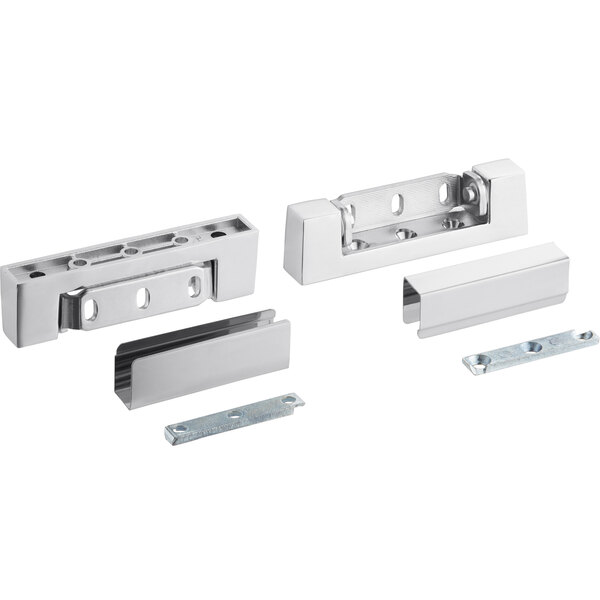 Two chrome steel Accutemp door hinges with holes in metal pieces.