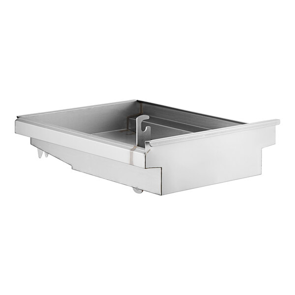 A silver rectangular metal box with a handle and a drain on top.