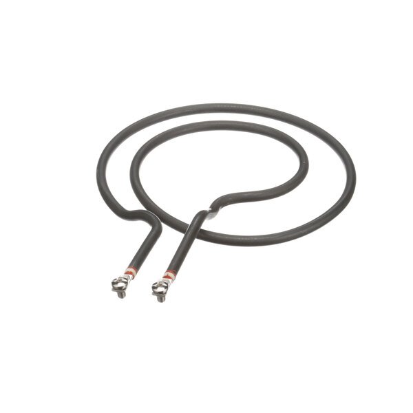 A black cable with metal ends plugged into a white Hatco food warmer element.