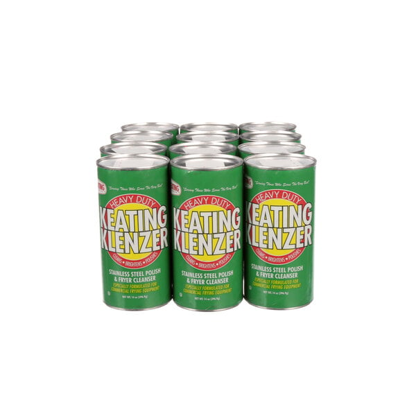 A group of green Keating cleanser cans with white text.