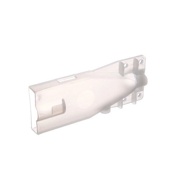 A white plastic Moyer Diebel chute door handle with a metal latch.