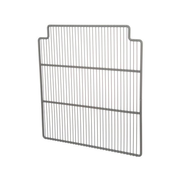 A metal wire rack with metal grid shelves.