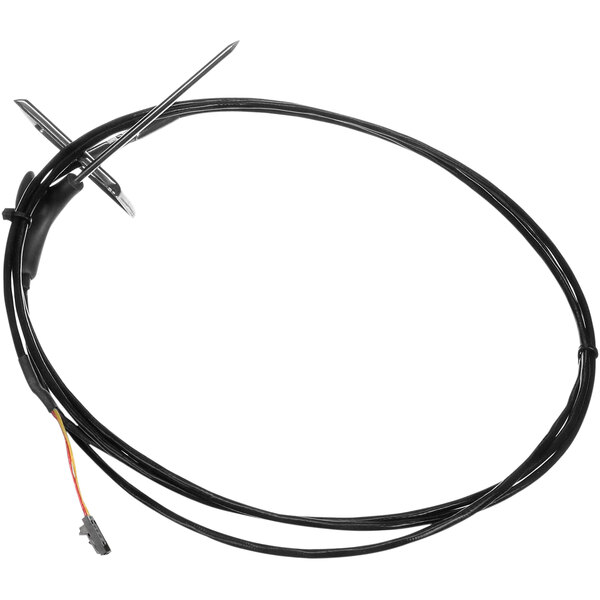 A black cable with a black wire and wire connector.