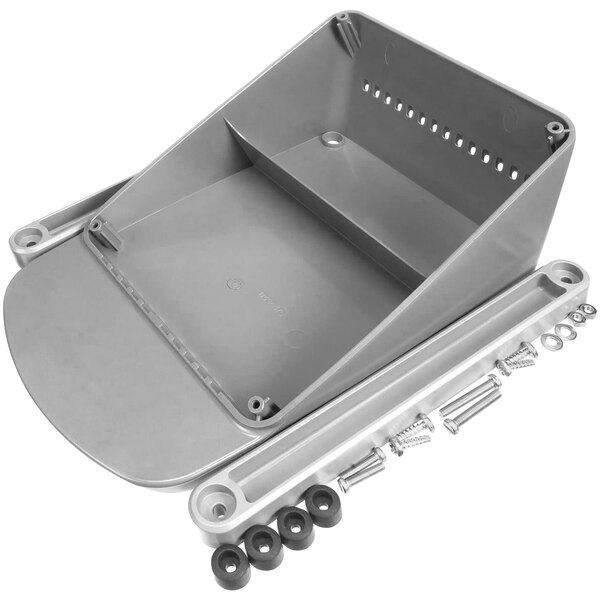A grey plastic box with screws and bolts inside containing an Electrolux Base Cross Member Assembly.