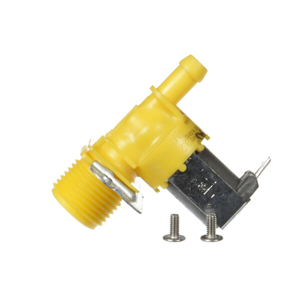 A yellow plastic Groen water inlet valve with screws.