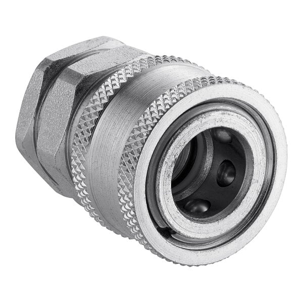 A close-up of a stainless steel metal piece with a metal threaded connector and nut.