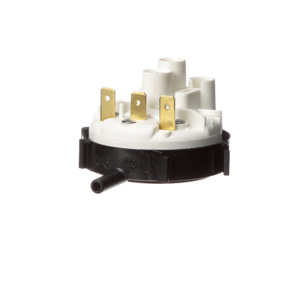 A white and black Blakeslee Pressure Switch with gold metal connectors.