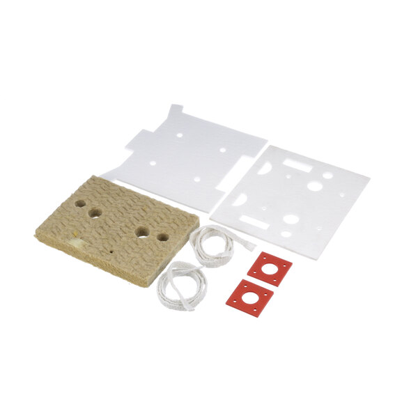 A white square insulation kit with holes and a wire.
