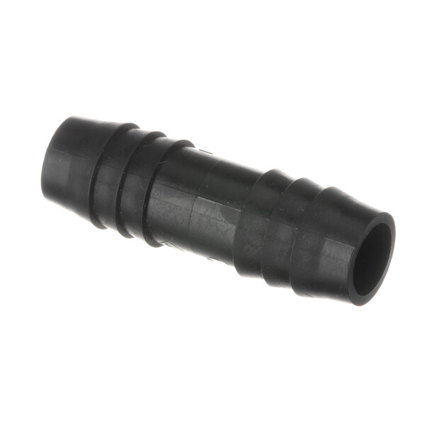 A black plastic pipe elbow with a black connector.