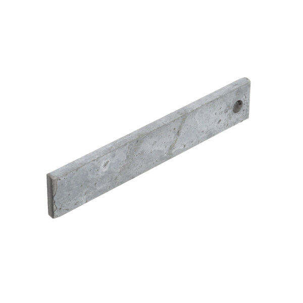 A grey rectangular metal bracket with a hole in it.