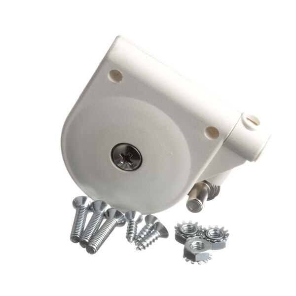 A white plastic Structural Concepts 95580 single hinge with screws and bolts.