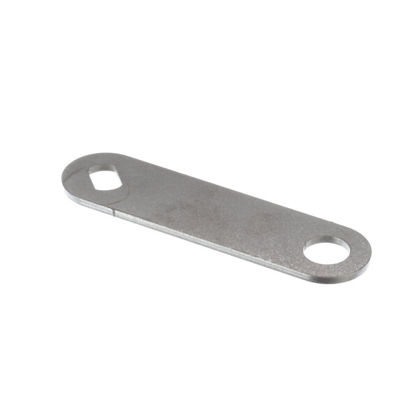 A silver rectangular metal latch with a screwdriver slot.