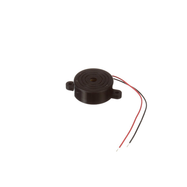 A black circular Frymaster sound device with red and black wires.