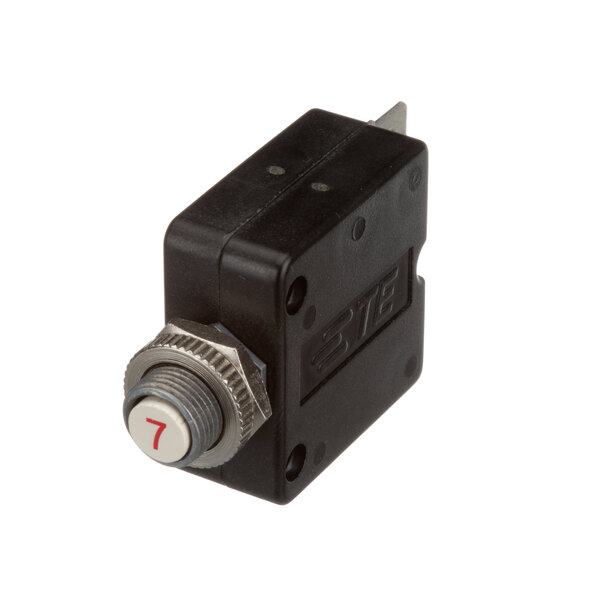 A black plastic Frymaster circuit breaker with a silver button and red switch.