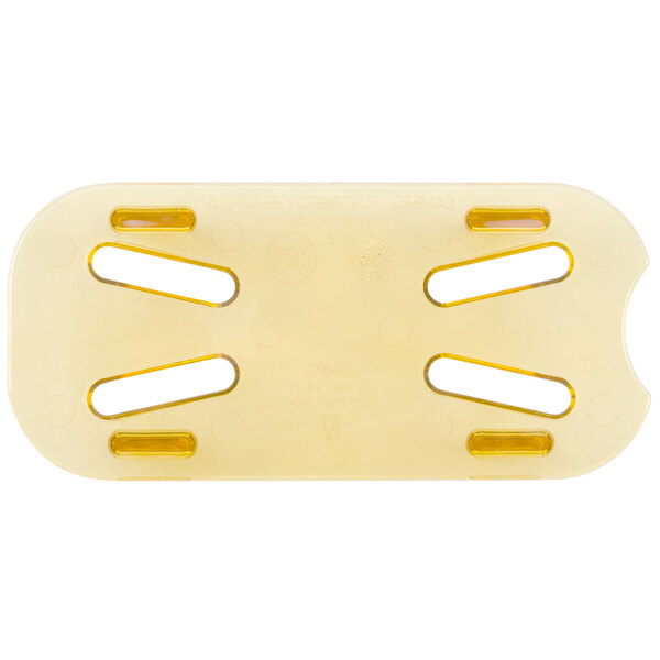 A yellow plastic Cambro drain tray with holes.