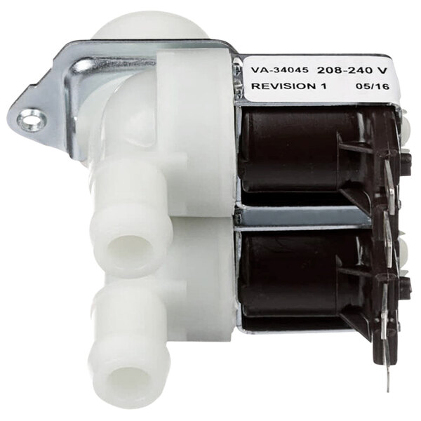 A white Alto-Shaam solenoid valve with two black valves.