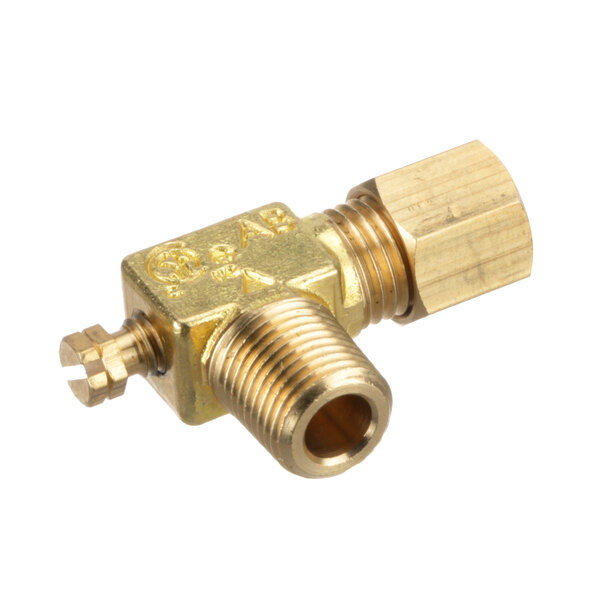 A close-up of a brass Vulcan pilot valve with a threaded nozzle.