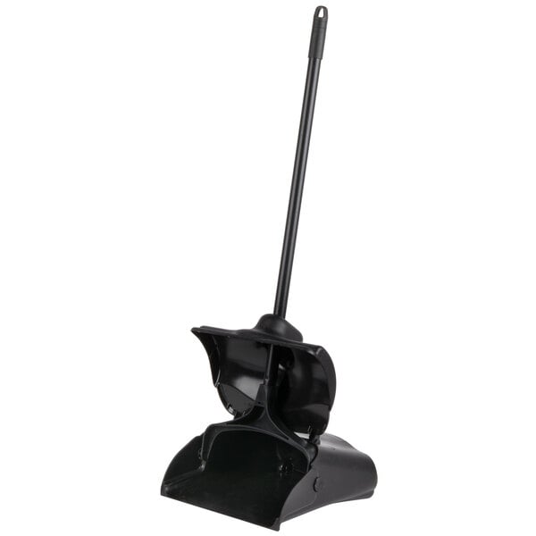 A black Rubbermaid plastic dustpan with a long handle.
