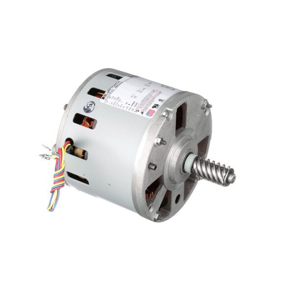 A small round electric motor with wires on a white background.
