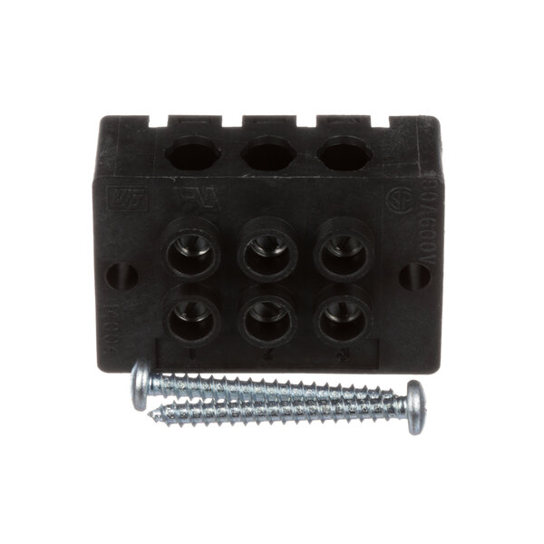 A black Blodgett terminal block with screws and holes.