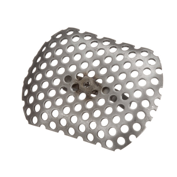 A metal Delfield perforated drain plug with a mesh screen and holes.