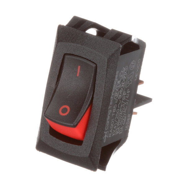 A black rocker switch with a red button.