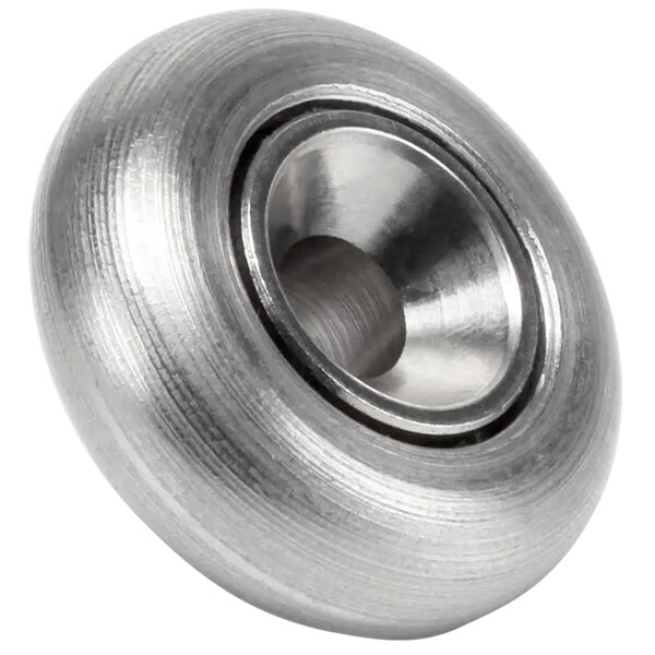 A metal roller with a silver finish and a hole in the center.