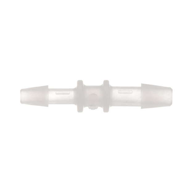 A white plastic Champion hose connector with a small hole.