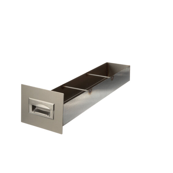 A metal drawer for grease with a handle.