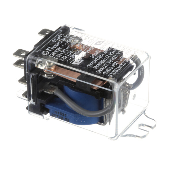 A clear plastic box with a blue and black cover holding a Cres Cor 0857 130 relay.