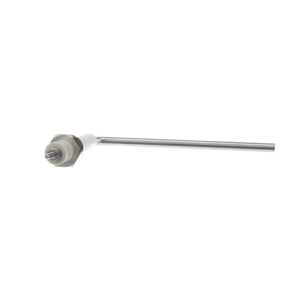 A stainless steel metal rod with a white handle at one end.