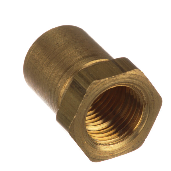 A close-up of a brass nut with a hole in it.
