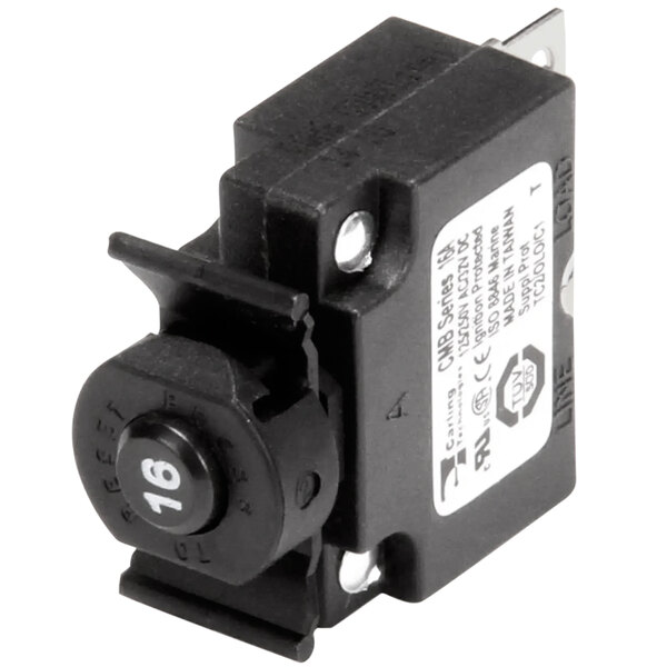 A black Merco 16 amp circuit breaker with a white label.