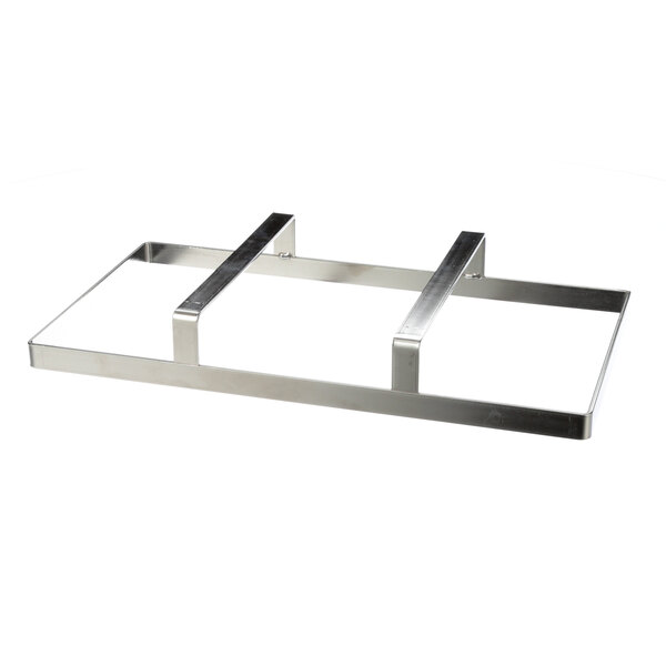 A metal frame with a metal shelf and metal bars.