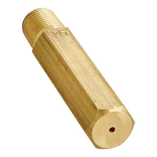 A Frymaster brass orifice with threads and a hole.