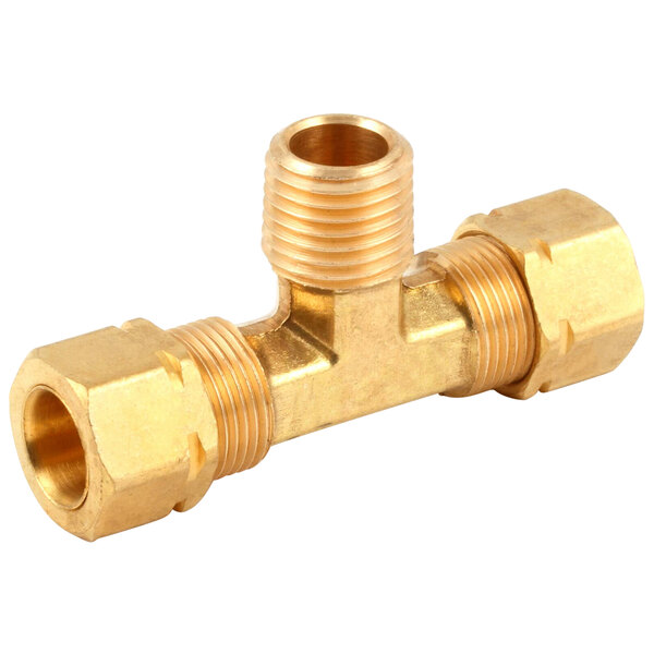 A brass threaded tee fitting with a gold metal nut.