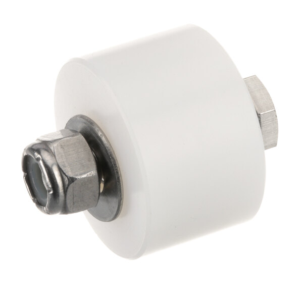 A white plastic wheel with a nut on a metal end.