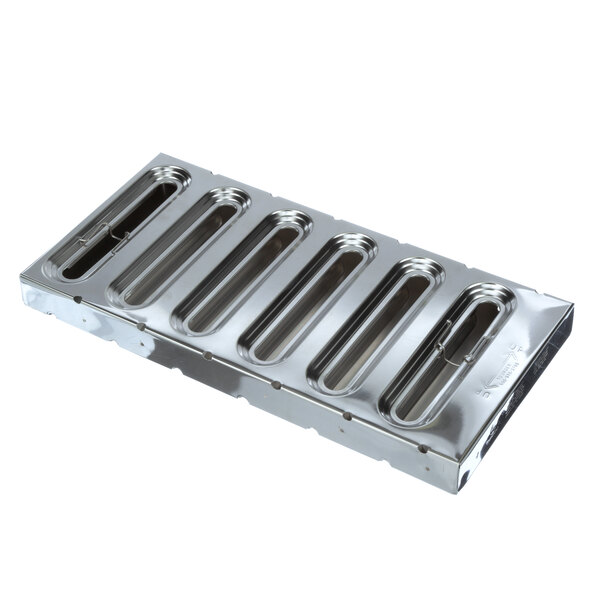 A silver rectangular Kason stainless steel trapper filter with holes.