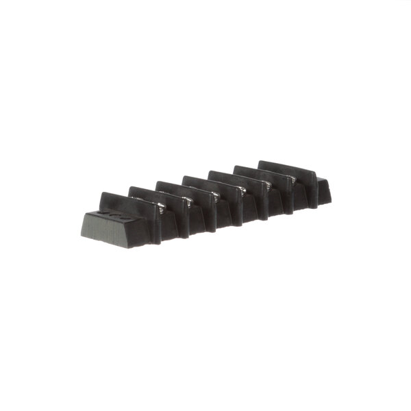 A row of black plastic BevLes terminal blocks with metal tips.