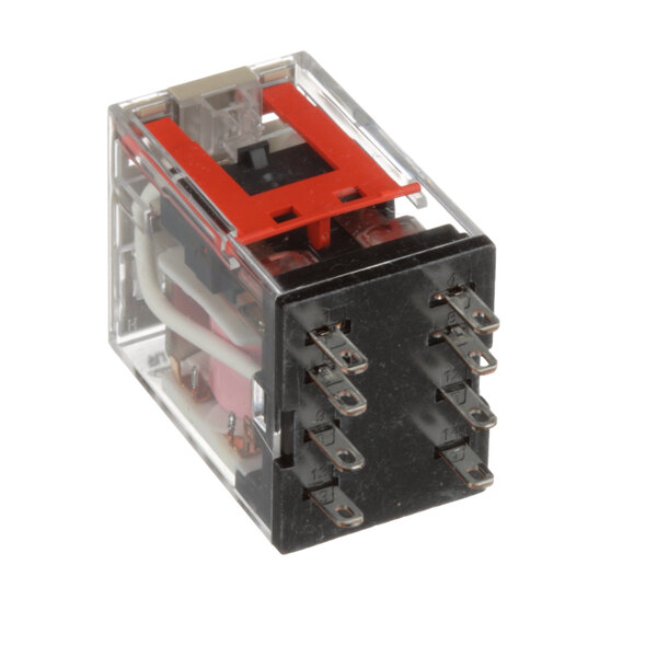 A close-up of a small black and red Market Forge relay.