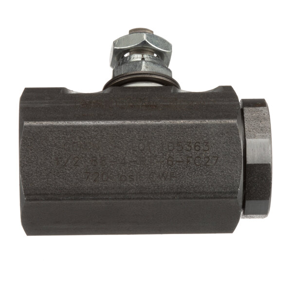 A black metal Frymaster valve with a nut on the end.