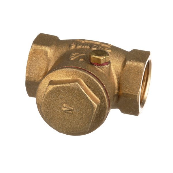 A brass Frymaster valve with a red handle.