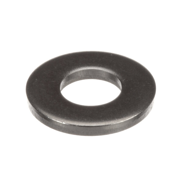 A close-up of a round metal washer.