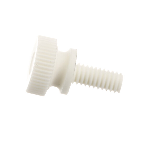 A close-up of a white plastic screw.