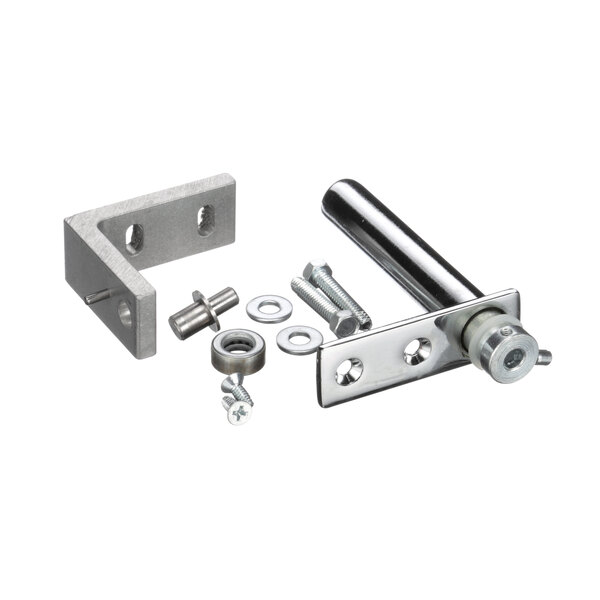 A metal bracket, latch, screws, and bolts for a True Refrigeration bottom right hinge.