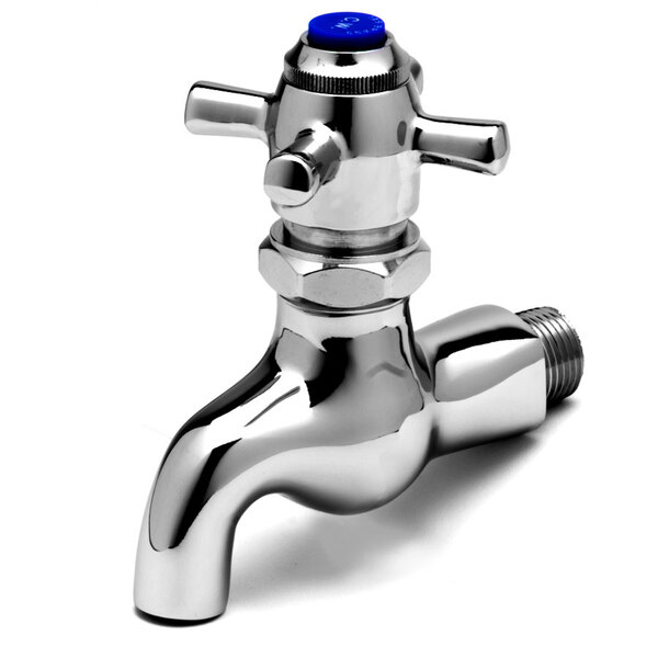 T&S B-0709 Self Closing Single Sink Faucet with 1/2" NPT Male Inlet, 4 Arm Handle, Blue Index, and 3/4" Garden Hose Outlet