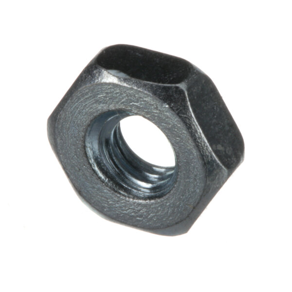 A close-up of a hex nut with a zinc finish.