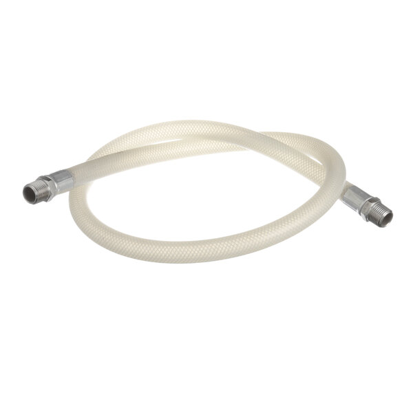 A white flexible hose with silver ends.
