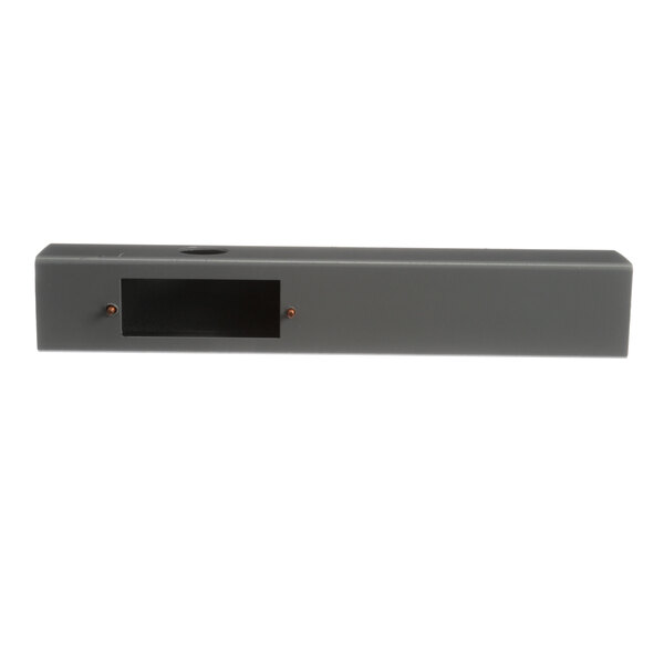 A black rectangular Frymaster drain with a white border and a black square with a small orange button.
