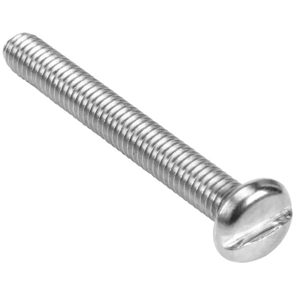 An 8-32 X 1 1/2 stainless steel screw with a slotted pan head.